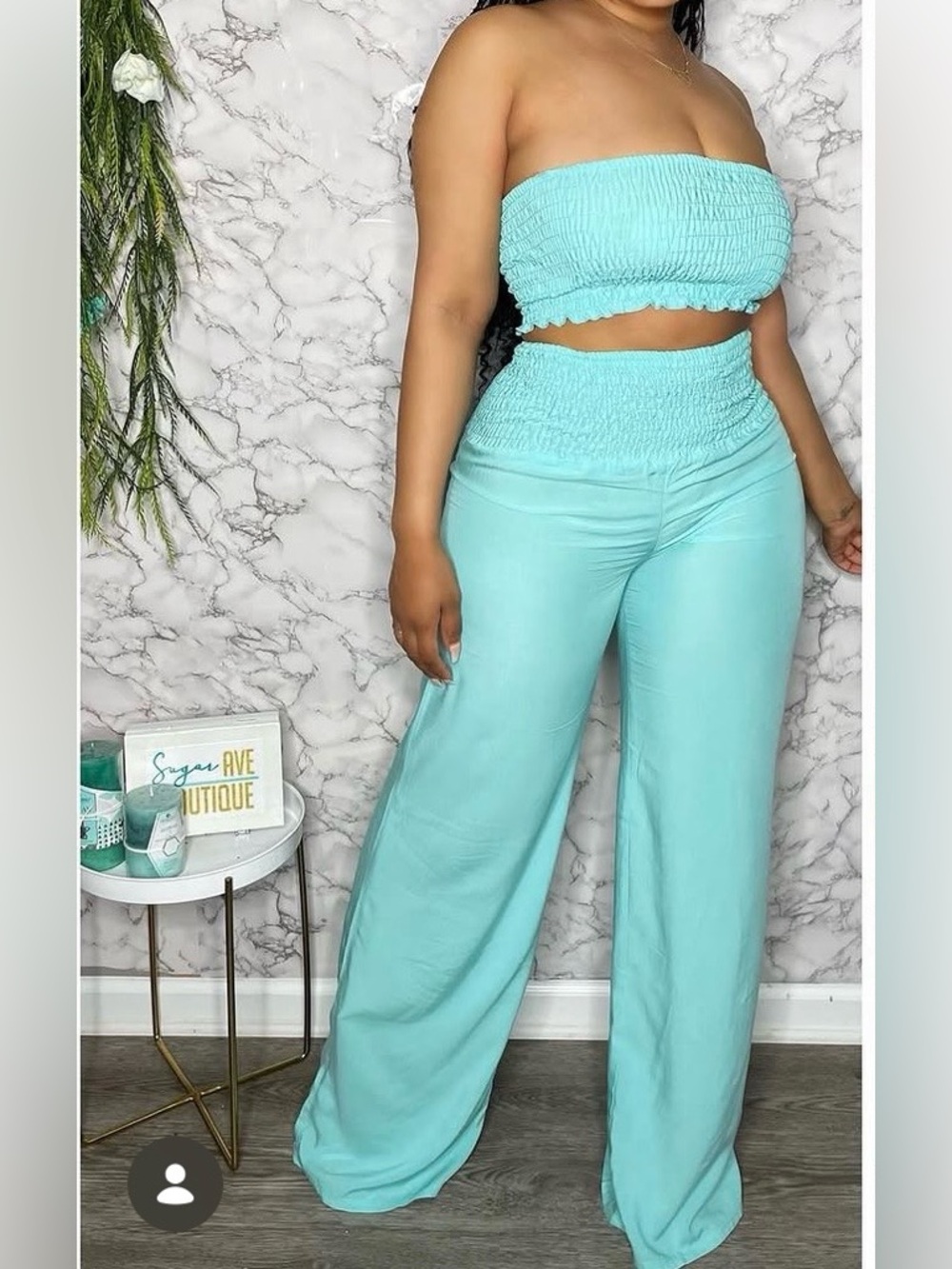 Smocked Bandeau Crop Top & Wide-Leg Pants Set - Aqua